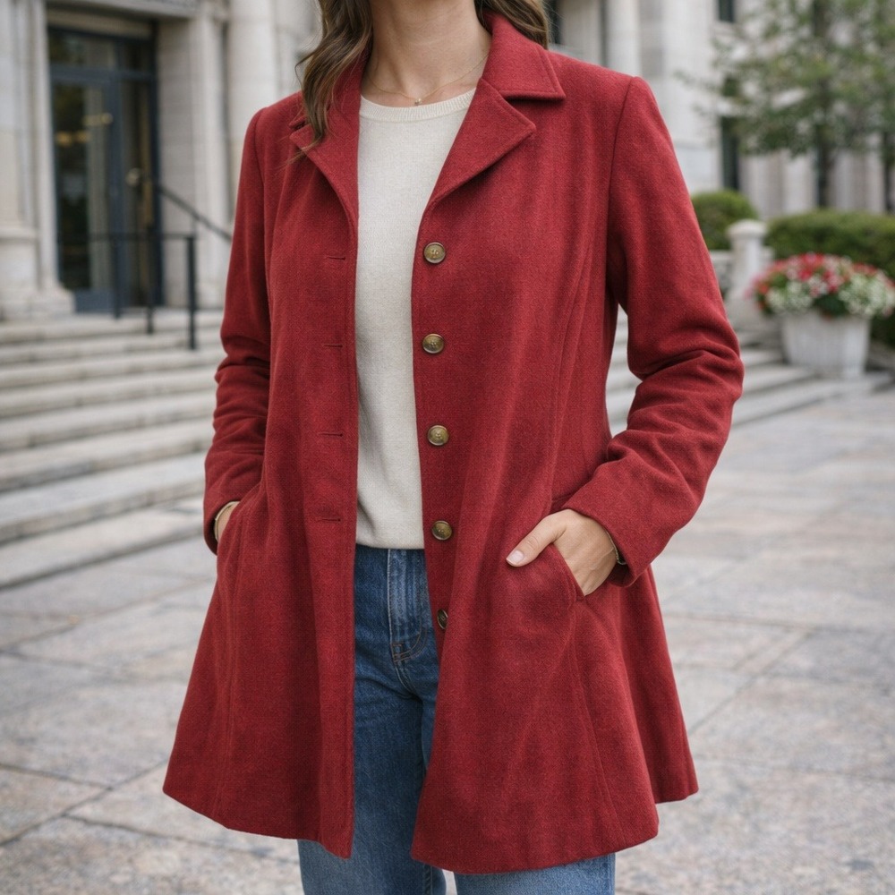 J Jill Wool Blend Coat Womens Small Burgundy Button Front Belted Jacket